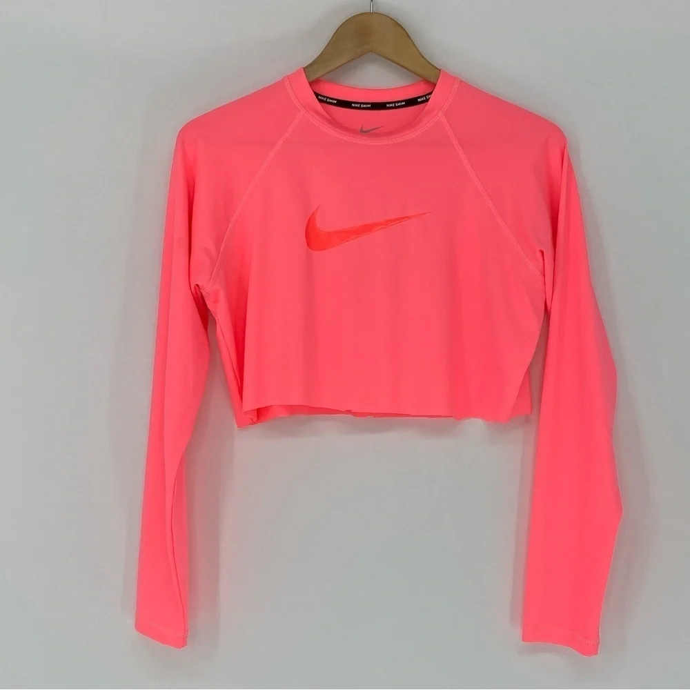 Nike Swim Neon Pink LS Cropped Cutoff Dri Fit Tee Sz Large